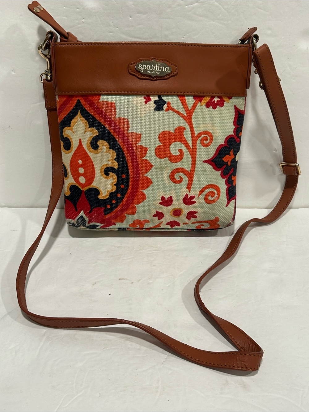 Spartina 449 "Waving Girl" Pattern Linen Leather Crossbody Bag Resortwear Beach